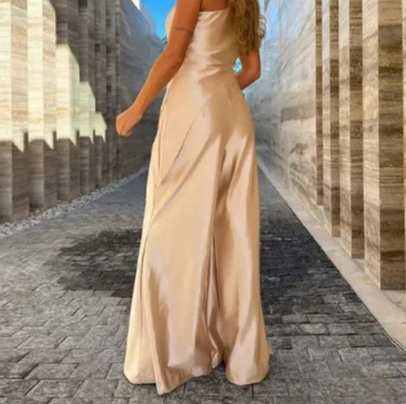 Women One Shoulder Hi Lo Cropped Satin Wide Leg Set in beige sz xl - Picture 6 of 7